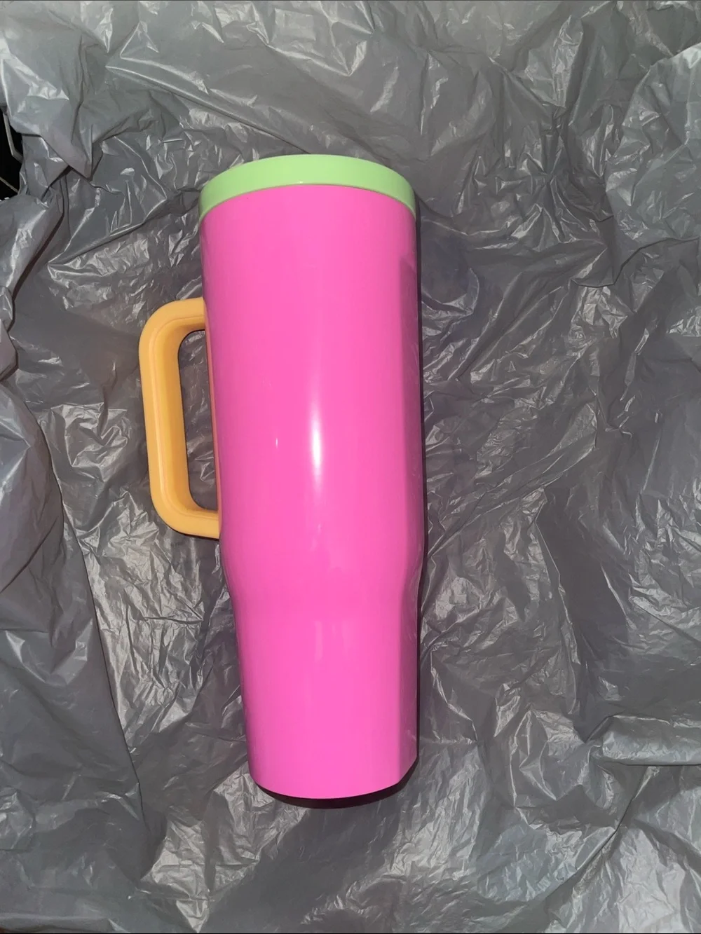 Corkcicle Pink Tumbler with Green Lid and Orange Insulated Handle Lid 40 oz
